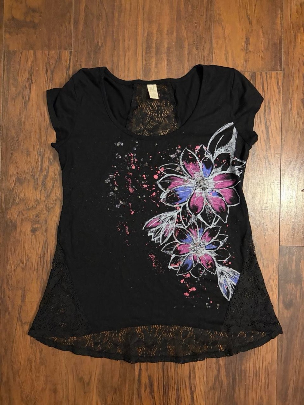Hot Topic Black Short-Sleeve Floral Lace-Back Tee with Purple & Pink Accents